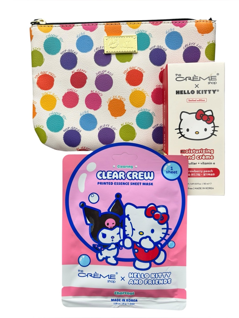 Betsey Johnson Multicolor Polka Dot Cosmetic Pouch with hello kitty duo.
